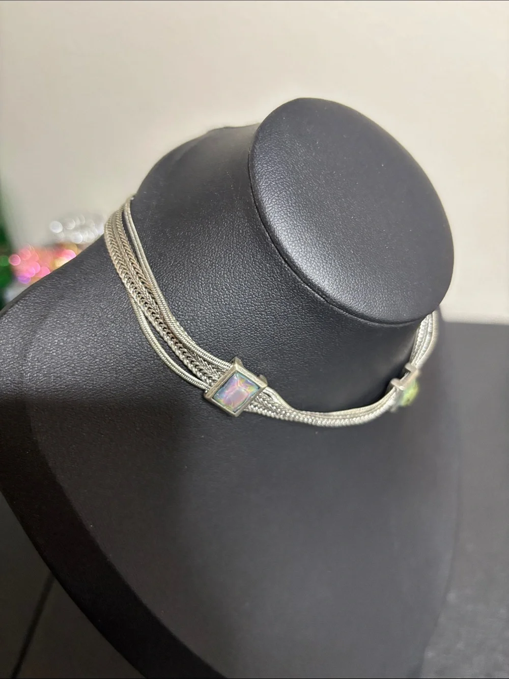 Vintage Silver Tone Multi-Strand Choker with Opal-Like Square Stones